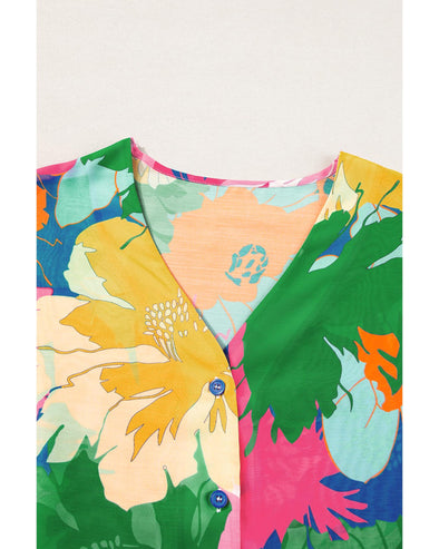 Multicolour Floral Print Folded Short Sleeve Shirt - M