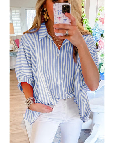 Sky Blue Stripe Dolman Sleeve Oversize Shirt - L