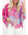 Rose Red Floral Allover Print Buttoned V Neck Oversized Shirt - S