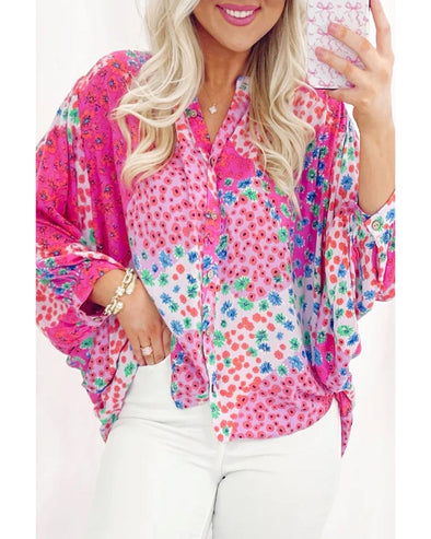 Rose Red Floral Allover Print Buttoned V Neck Oversized Shirt - S