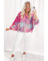 Rose Red Floral Allover Print Buttoned V Neck Oversized Shirt - S