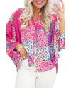 Rose Red Floral Allover Print Buttoned V Neck Oversized Shirt - S