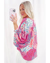 Rose Red Floral Allover Print Buttoned V Neck Oversized Shirt - S