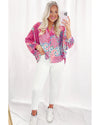 Rose Red Floral Allover Print Buttoned V Neck Oversized Shirt - S