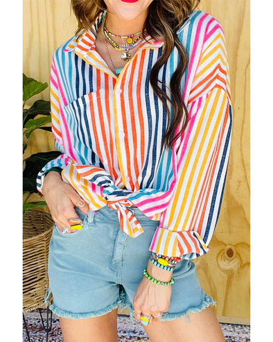Orange Stripe Multicolor Drop Shoulder Loose Shirt - L