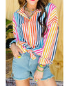 Orange Stripe Multicolor Drop Shoulder Loose Shirt - M