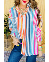 Orange Stripe Multicolor Drop Shoulder Loose Shirt - M