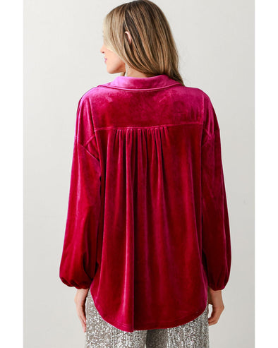 Pitaya Pink Buttoned V Neck Chest Pocket Velvet Shirt - XL
