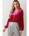 Pitaya Pink Buttoned V Neck Chest Pocket Velvet Shirt - XL