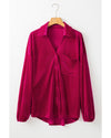 Pitaya Pink Buttoned V Neck Chest Pocket Velvet Shirt - XL