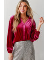 Pitaya Pink Buttoned V Neck Chest Pocket Velvet Shirt - XL