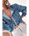 Blue Floral Ric-rac Patchwork Button Loose Fit Shirt - XL