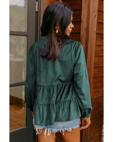 Skobeloff Corduroy Ruffle Tiered Buttoned O Neck Shirt - S