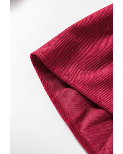 Burgundy Corduroy Ruffle Tiered Buttoned O Neck Shirt - XL