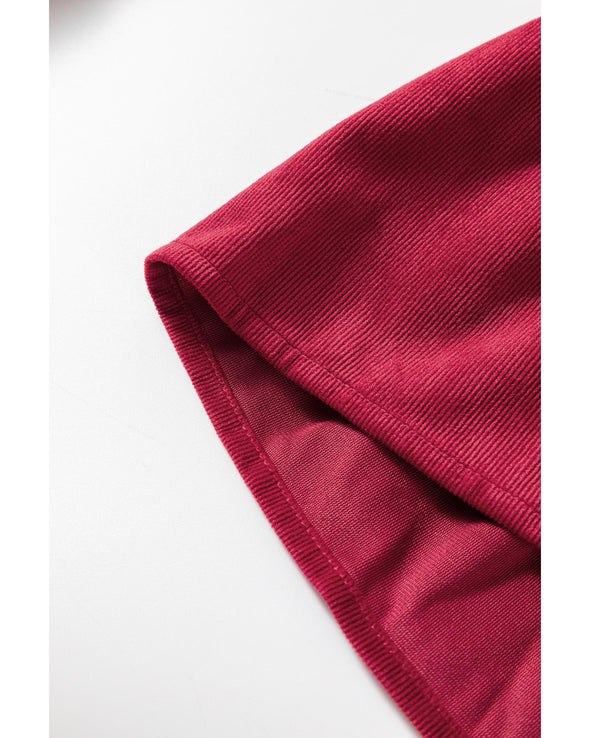 Burgundy Corduroy Ruffle Tiered Buttoned O Neck Shirt - XL
