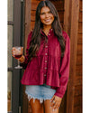 Burgundy Corduroy Ruffle Tiered Buttoned O Neck Shirt - XL