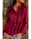 Burgundy Corduroy Ruffle Tiered Buttoned O Neck Shirt - XL