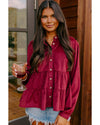 Burgundy Corduroy Ruffle Tiered Buttoned O Neck Shirt - XL