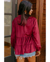 Burgundy Corduroy Ruffle Tiered Buttoned O Neck Shirt - XL