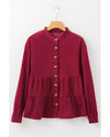 Burgundy Corduroy Ruffle Tiered Buttoned O Neck Shirt - XL