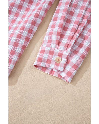 Pink Gingham Print Chest Pockets Buttoned Collared Shirt - L