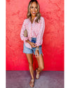 Pink Gingham Print Chest Pockets Buttoned Collared Shirt - L