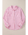 Pink Gingham Print Chest Pockets Buttoned Collared Shirt - L