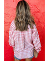 Pink Gingham Print Chest Pockets Buttoned Collared Shirt - L