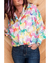 White Colorful Horse Printed Long Sleeve Button Up Casual Shirt - M