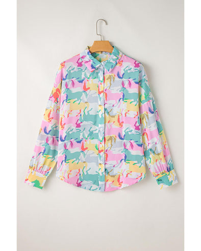White Colorful Horse Printed Long Sleeve Button Up Casual Shirt - S