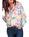 White Colorful Horse Printed Long Sleeve Button Up Casual Shirt - S