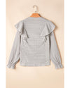 Brown Plaid Flounce Sleeve Notched Neck Ruffled Shirt - L