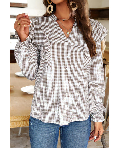 Brown Plaid Flounce Sleeve Notched Neck Ruffled Shirt - M