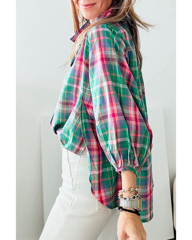 Green Checkered 3/4 Sleeve Collared Loose Fit Shirt - XL