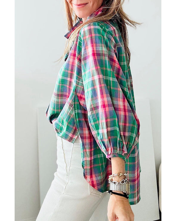 Green Checkered 3/4 Sleeve Collared Loose Fit Shirt - XL
