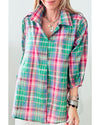 Green Checkered 3/4 Sleeve Collared Loose Fit Shirt - XL