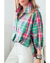 Green Checkered 3/4 Sleeve Collared Loose Fit Shirt - XL