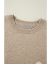 Parchment Flower Pattern Ribbed Trim Crew Neck Sweater - L