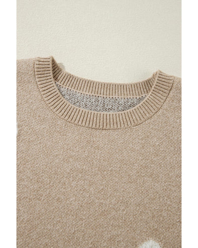 Parchment Flower Pattern Ribbed Trim Crew Neck Sweater - L