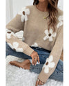 Parchment Flower Pattern Ribbed Trim Crew Neck Sweater - L