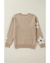 Parchment Flower Pattern Ribbed Trim Crew Neck Sweater - L