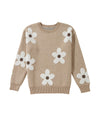 Parchment Flower Pattern Ribbed Trim Crew Neck Sweater - L