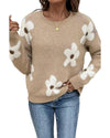Parchment Flower Pattern Ribbed Trim Crew Neck Sweater - L