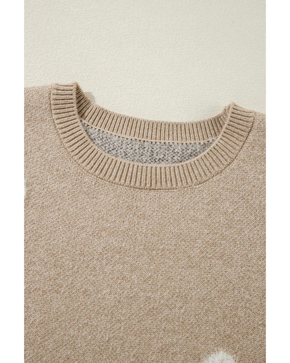 Parchment Flower Pattern Ribbed Trim Crew Neck Sweater - XL