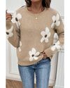 Parchment Flower Pattern Ribbed Trim Crew Neck Sweater - XL