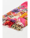 Red Abstract Floral Print Buttoned Ruffled Bubble Sleeve Shirt - L