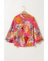 Red Abstract Floral Print Buttoned Ruffled Bubble Sleeve Shirt - M
