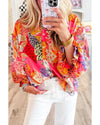 Red Abstract Floral Print Buttoned Ruffled Bubble Sleeve Shirt - XL