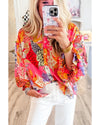 Red Abstract Floral Print Buttoned Ruffled Bubble Sleeve Shirt - XL