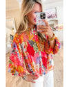 Red Abstract Floral Print Buttoned Ruffled Bubble Sleeve Shirt - XL